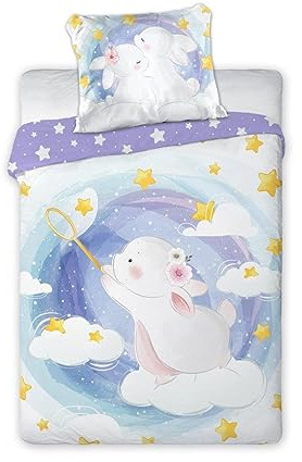 Arle-Living 3 TLG. Baby Kinder Bettwäsche Set - 100x135 cm + 40x60 cm + 1 Spannbettlaken in weiß 60x120-70x140 cm -100% Baumwolle (Sternenfänger Hase)