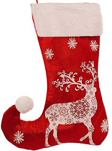alles-meine.de GmbH 3 Stück 3D Glitzer Effekt XL - Weihnachtssocken & Weihnachtsstrümpfe - Rentier/Elch - 45 cm - rot - weiß - zum Aufhängen - Nikolausstiefel - Nikolausstr..