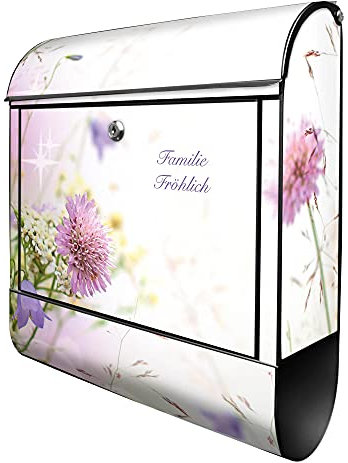 banjado Design Briefkasten personalisiert Glitzernde Wiese 38,5x46,5x13cm & 2 Schlüssel - Briefkasten Stahl schwarz Zeitungsfach pulverbeschichtet - Postkasten A4 Einwurf inkl. Montagematerial