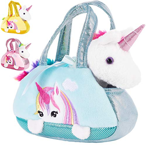 BRUBAKER Einhorn Tasche Regenbogen - 20 cm - Mint Blau | Plüschtier in Handtasche - Plüsch Stofftier Kuscheltier