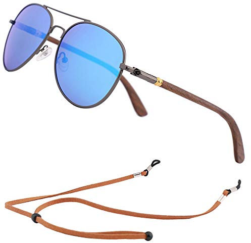 An Swallow Piloten Sonnenbrille Holz Herren Damen Polarisiert Verspiegelt, Bambus Holz Brille Polarisierte Gläser UV Schutz (Blaue Linse)