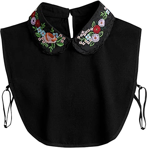 LoudSung Faux col amovible demi-chemise chemisier faux col brodé nœud papillon design élégant pour femmes filles, Double couche - Noir, 16
