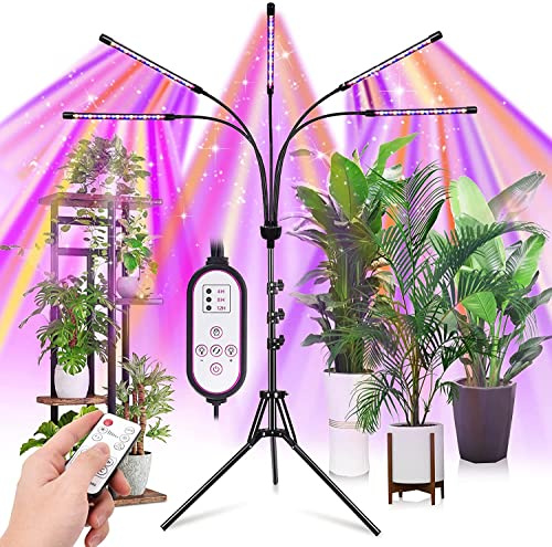 yentbokj Luces de cultivo para plantas de interior, 5 cabezales, rojo, azul, blanco, luz de espectro completo con soporte de trípode ajustable de 15 a 60 pulgadas, lámpara de cultivo interior con