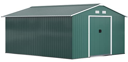 Outsunny Caseta de Jardín Exterior 12,4 m² 340x386x200 cm Efecto Madera Cobertizo de Jardín Exterior con Puerta Corredera Techo Inclinado Base Refuerzo (Suelo NO Incluido) y 4 Ventanas Verde