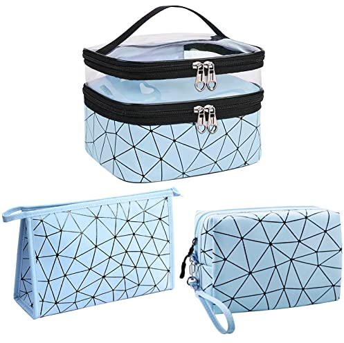 LEcylankEr Kosmetiktasche Damen Set 3 Stück Make Up Tasche Transparent Schminktasche Damen Doppellagige Kosmetiktasche Groß für Reise (Blau)