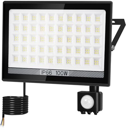 NATPOW 100W Projecteur LED Extérieur Detecteur de Mouvement, 11000LM 6000K 200 Leds Eclairage Exterieur avec Detecteur, IP66 Étanche Spot Led Extérieur pour Jardins, Garage, Arrière-cour