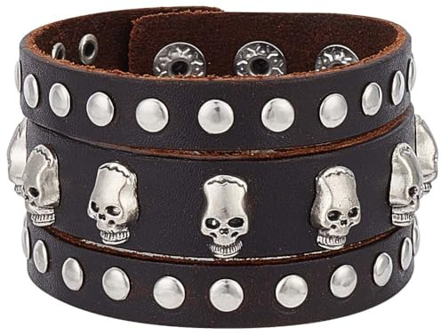 GORGECRAFT Punk-Schädel-Armband Nieten-Rindsleder-Armband Unisex Rock Gothic Echtes Leder Breites Manschettenarmband Mit Verstellbarem Druckknopf Für Halloween Karneval Cosplay Kostüm Kokosnuss Braun