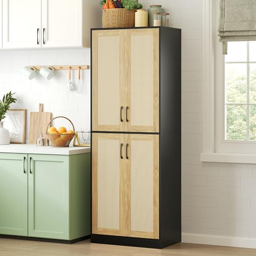 JASIWAY Kitchen Pantry Cabinet, 67 Tall Rattan Storage Cabinet with Doors and Adjustable Shelves, Wooden Linen Pantry Cupboard for Small Spaces Laundry Room Bathroom, Food Snack Towels Storage, Black
