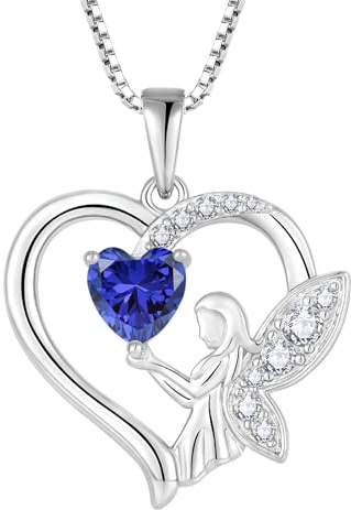 Lwsary Guardian Angel Necklace for Women 925 Sterling Silver Heart Angel Wings Necklace Tanzanite Pendant December Birthstone Jewelry Gift for Women
