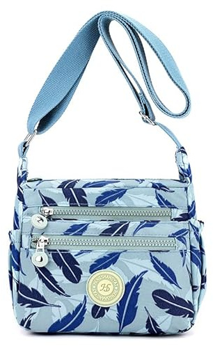 YYW Womens Multi-Pocket Casual Cross-Body Bags Waterproof Nylon Shoulder Bags Messenger Handbag for Shopping Hiking Daily Use (M-Blue Leaves)
