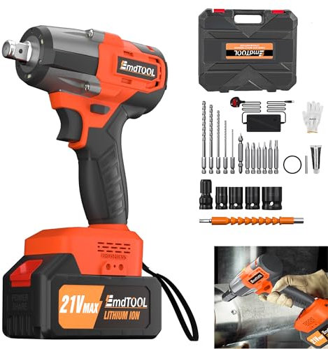 Cordless Brushless Impact Wrench & Eletric Drill, 21V High Torque 550N.m Cordless Wrench Kit with 6Ah Battery & Fast Charger, 4pcs Impact Sockets & 12 Drill Accessories - Orange