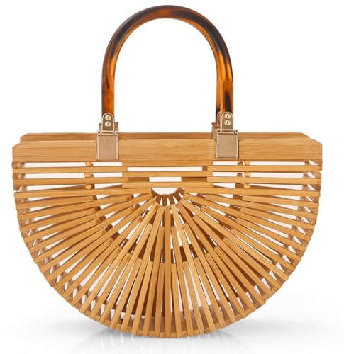 Natural Women's Tote Bamboo Purse by Handmade Beach Straw Purse for Summer