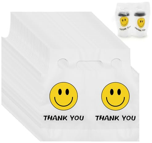 Whaline 1000 Count Thank You Handle Drink Bags 2 Cups Smile Face Plastic Packaging Poly Bag Carriers for Delivery Take Out Cup Holder Beverage Coffee Juice Mike Tea Stores, 11 x 12.2 Inch