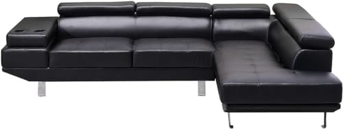 SofaHeaven Classic Bonded Leather Corner Sofa Left & Right Hand Side With Adjustable Headrests with Cup Holder (Black, Right Hand Side)