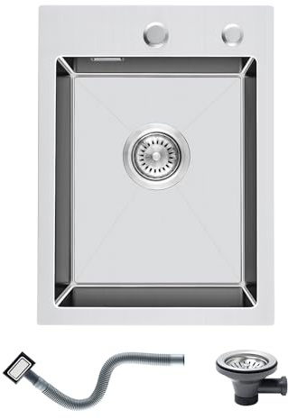 KINKIBOS Spülbecken Klein 304 Edelstahl 35 x 45, Küchenspüle mit 2 Löcher | Einbauspüle mit Überlauf, Edelstahlspüle mit Ablaufgarnitur Komplett, 1 Becken für 40 cm Unterschrank