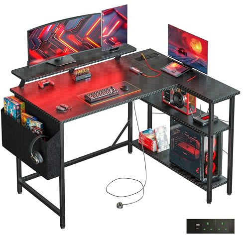 DOMSHOCT - Escritorio de juegos en forma de L con luces LED y tomas de corriente, mesa de ordenador de esquina de 120 x 80 cm con bolsa de almacenamiento, estantes ajustables y soporte grande para
