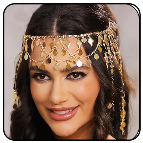 Zoestar Boho-Pailletten-Kopfkette, goldfarbene Quaste, Kopfschmuck, Kette, mehrlagige Stirnkette, Schmuck, Festival, Kostüm, Haarschmuck für Damen
