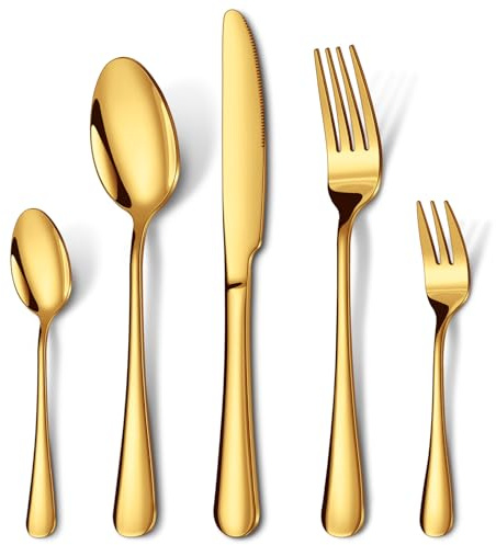 HONKKU Besteck Set 6 Personen, 30 Teilig Gold Besteckset mit Messer Gabel Löffel, Essbesteck Set Edelstahl Spiegelpoliert, Spülmaschinenfest