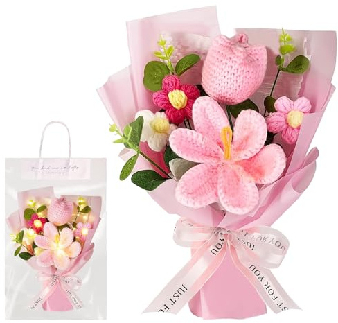 crayfomo Artificial Tulip Crochet Bouquet Handmade Knitted Bouquet Flower Fake Tulips Floral Arrangement Crochet Kits for Mother's Day Birthday Anniversary Wedding Graduation Valentines