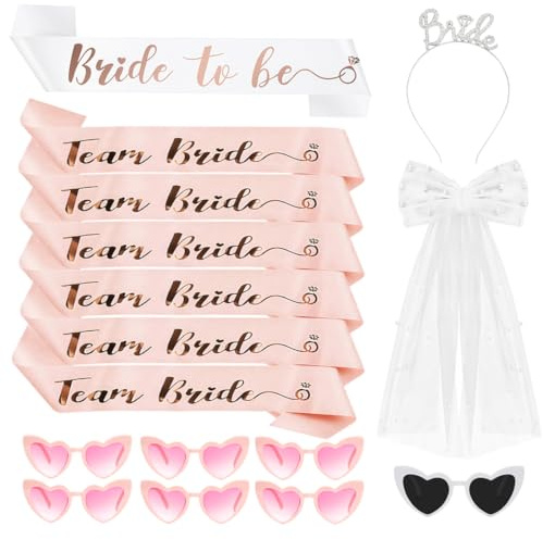 16 Stück JGA Accessoires Frauen, 7 Herz Sonnenbrillen + 1 Bride to be Schärpe + 6 Team Bride Schärpe + 1 Schleier JGA + 1 Bride Haarreif, Bachelorette Party Accessories
