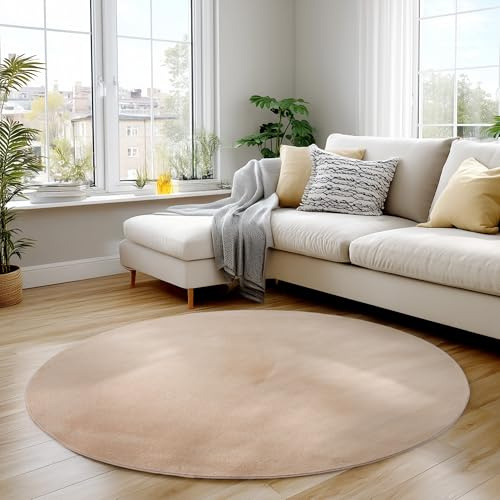 Carpettex Teppich Rund Beige 200 cm- Kurzflor Teppich Waschbar, rund, rutschfest & weich, modernes einfarbiges Design für Wohnzimmer, Schlafzimmer, Küche & Kinderzimmer.