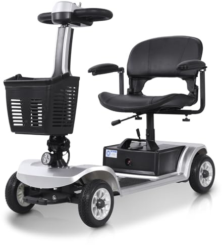 Alifero Scooter di Mobilità a 4 Ruote Pneumatici Antiforatura Veicolo per Persone Con Mobilità Ridotta per Disabili,Capacità di 190 KG Auton. 35 KM Pieghevole Ultracompatto Mobility Scooter(Argento)