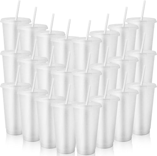 MALLOOM Lot de 24 Gobelets Réutilisables en Plastique avec Couvercle et Pailles, 710ML Tasse en Plastique, Tasse pour Fête Camping Tasse de Voyage pour Smoothie Café Boissons Blanc