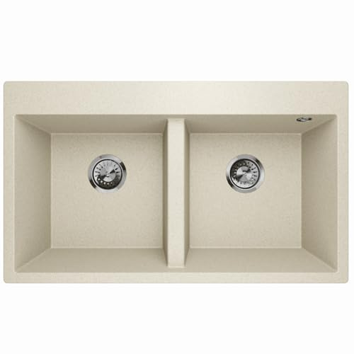 Lavello Lavello de granito color arena - Fregadero profundo 81 x 47,5 cm - Fregadero de cocina 2 senos fácil de limpiar, resistente a arañazos, reversible, con desagües