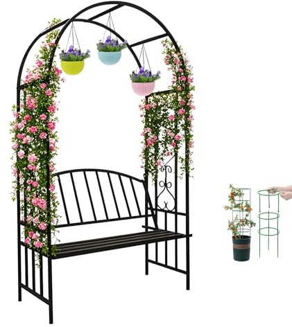 ZCFLWR Arche de Jardin en métal Robuste avec Banc, Treillis pour Plantes grimpantes, pergola antirouille pour Arche de Mariage, décoration de Patio, sièges intérieurs et extérieurs, Support pour pl
