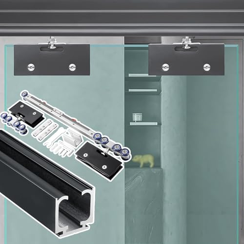 Schiebetür Schiene Beschläge und Schienensatz für Glasschiebetüren zur Deckenmontage, Soft-Close-Schienensatz für Bürotrennwände, für 8–12 mm Dickes Glas(Black,88in(224cm))