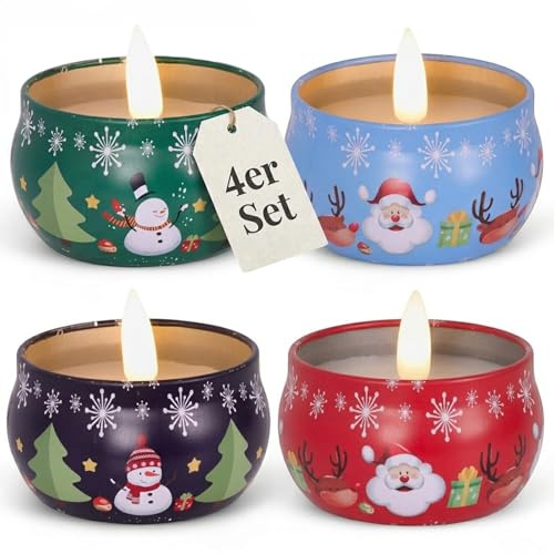 MIJOMA LED Weihnachtskerzen Set 4-teilig – Echtwachs Flammen-Effekt – Warmweiß – Dekokerzen mit weihnachtlichen Dosen – Batteriebetrieben – Weihnachtsdeko Innen – Ø 6,3 cm H 5,5 cm