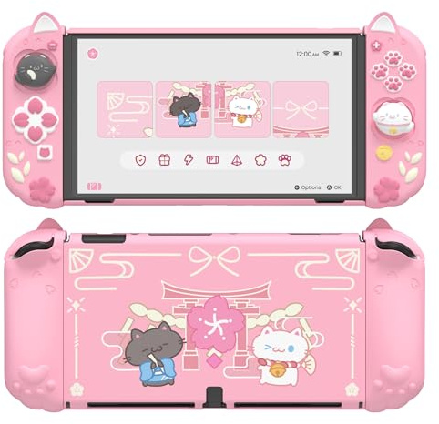 playvital Coque pour Switch OLED Protective Case,Rose | avec Support&Capuchon Joystick,Housse Rigide Dockable pour Nintendo Switch OLED et Grip Silicone pour Joycon-Chaton Cerisiers
