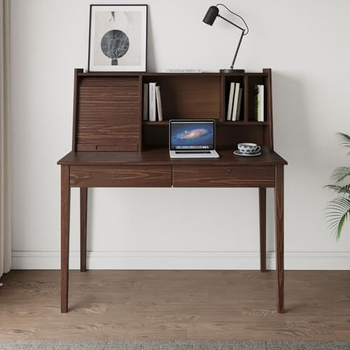 IDIMEX Bureau Secrétaire Alisa en Bois Massif avec 2 Tiroirs, 1 Volet, 4 Niches, 114 x 122 x 54 cm, Couleur Noyer, Meuble de Rangement Idéal pour Petit Espace, Parfait pour Bureau Chambre
