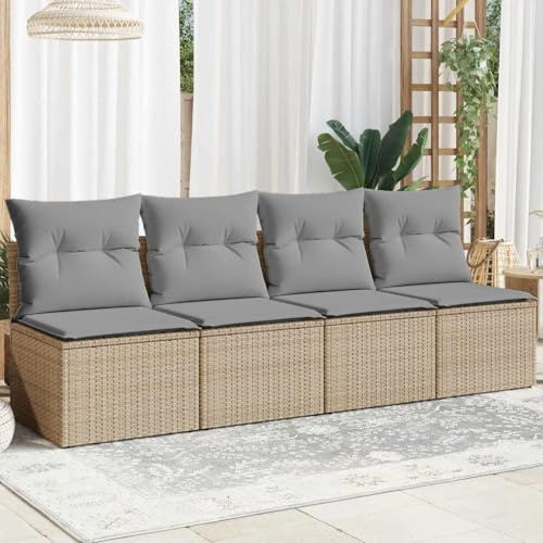 Ordellia 4-sitsig trädgårdssoffa, beige poly-rotting, modulär loungesoffa för utomhusbruk med kudde, UV-beständig, 220 x 62 x 69 cm