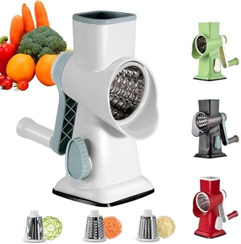 Mandolina de Cocina Cortador De Verduras, Rallador Verduras, Rallador Cebolla, Artefacto de Picar Cocina con 3 Acero Inoxidable Cuchillas de Tambor para Queso, Frutas y verduras (Blanco)