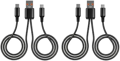 2 PCS USB C Splitter Cable, 2 in 1 Charging and Data Transfer Cord, 6A USB A to Dual Type C Fast Charge Sync Lead, One to Two Car Charger Extension Wire 1.2 m for Phone Tablet Power Bank Travel Use