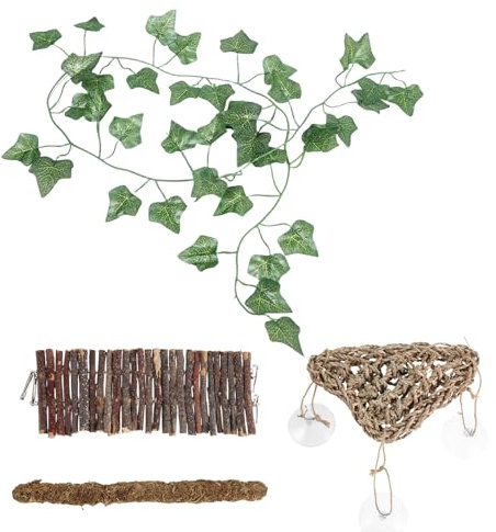 SEWACC Pont Suspendu pour Reptiles 4 Pièces Hamac Triangulaire, Pont en Bois, Vigne en Mousse, Décoration Botanique pour Terrarium, Échelle D’Escalade Naturelle pour Lézards et Serpents