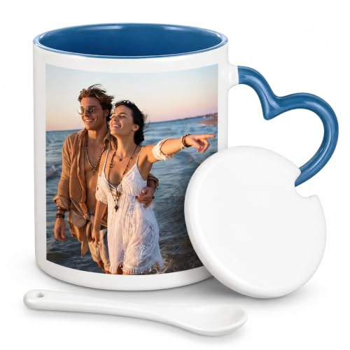 Personalised Photo Coffee Mug | Custom Text 11oz Ceramic Cup | Coloured Interior, Heart/Round Handle, Lid & Spoon