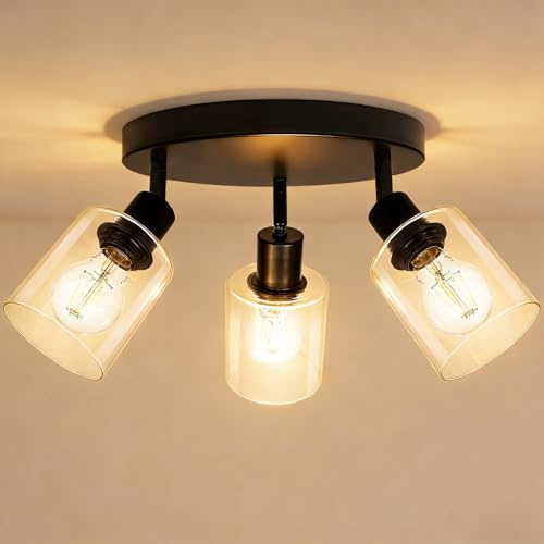 Wondlumi Deckenstrahler LED 3 Flammig E27 Schwarz Glas Metall Schwenkbar | Deckenlampe Industriell Vintage Rund Schwenkbar 350° 230V Deckenleuchte spot Küche Wohnzimmer Schlafzimmer ohne Leuchtmittel