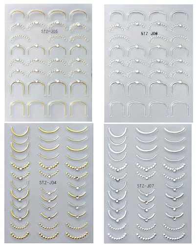 KRFWGUU Nagelsticker French 5D Gold Silber Linie – Nails Sticker Selbstklebend Mit Diamant Strass Design, Tip Nagelsticker Für Französische Maniküre, Nageldesign Aufkleber 4 Blatt