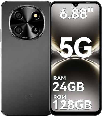 2026 New Mobile Phones 5G, Android 15 Phone, NFC, 120Hz, 24GB+128GB/2TB TF Octa Core, 6.88''HD Android Phones, 5000mAh Dual SIM Unlocked, 5G Smartphone, Rear 16MP + 8MP, Fingerprint / FaceID, Black