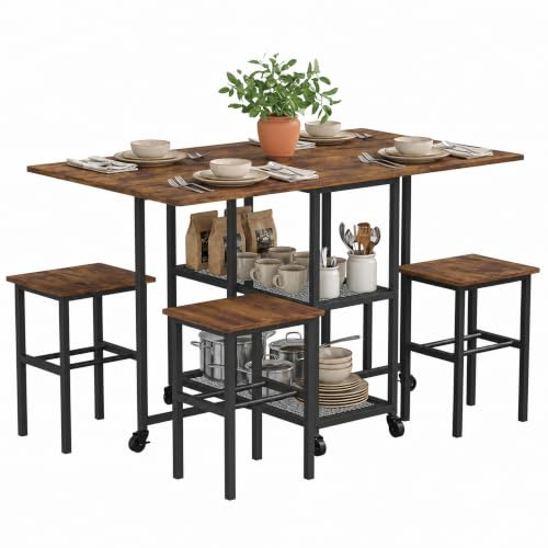 Mondeer Essgruppe mit Klapptisch und 4 Stühlen, für kleine Räume | 3-in-1 Klapptisch mit Rollen und 2 offenen Ablagen platzsparend für Esszimmer Küche
