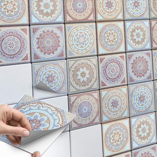 Fliesenaufkleber für Küchenspiegel und Badfliesen I Fliesenfolie - Vinyl Mosaik-Fliesen I selbsklebend, abwaschbar und rückstandslos ablösbar I 15x15 cm - Motiv Mosaik Afrika - 36 Stück