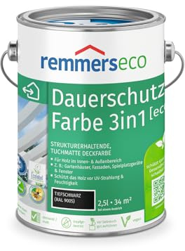 Remmers Dauerschutz-Farbe 3in1 [eco] tiefschwarz (RAL 9005), 2,5 Liter,für innen und außen, 3in1: Isoliergrund, Zwischen- und Schlussbeschichtung