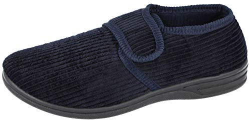 Jo&Joe Mens Tartan Cord Faux Suede Fleece Touch Close Strap Moccasin Slippers Size 6-12 (UK 7/ EU 41, Navy)