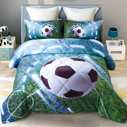 Wowelife Soccer Bedding Set Green Queen 5 Pieces Soccer Comforter Set for Boys and Girls Queen Size Kids Bed in A Bag with Comforter, Sheets and 2 Pillowcases