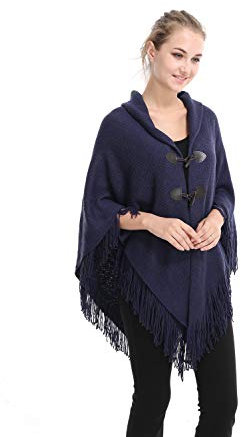 UK_Stone Poncho-Schal Damen Cape Trachtentuch Umhang Stola Schultertuch aus Acrylic Unifarbe mit Hornschnalle, Marineblau