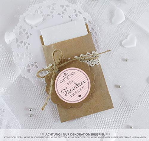 SET GROß: 48 Freudentränen Sticker + 48 braune Flachbeutel - Kraftpapier - 63 x 93 mm • Hochzeit Wedding Freudentränen Taschentuch Verpackungen • Aufkleber ROSA RETRO VINTAGE STYLE 4cm rund matt