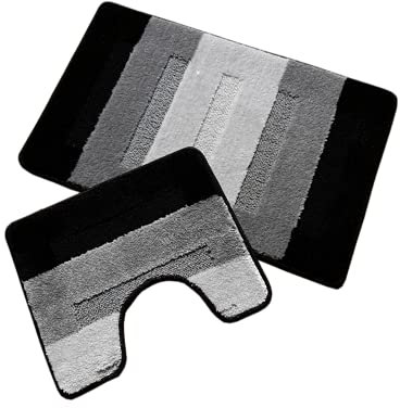 oKu-Tex Design Badematte Antirutsch Set 2 Teilig, rutschfest & waschbar, Badvorleger 50 x 80 cm für das Badezimmer, WC Vorleger mit Ausschnitt 40 x 50 cm, Schwarz, Grau, Gestreift