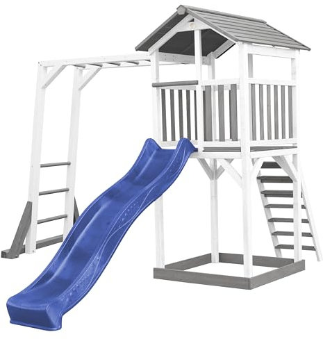 AXI Beach Tower Aire de Jeux avec Toboggan en Bleu, Cadre d'escalade & Bac à Sable | Grande Maison Enfant extérieur en Gris & Blanc | Cabane de Jeu en Bois FSC